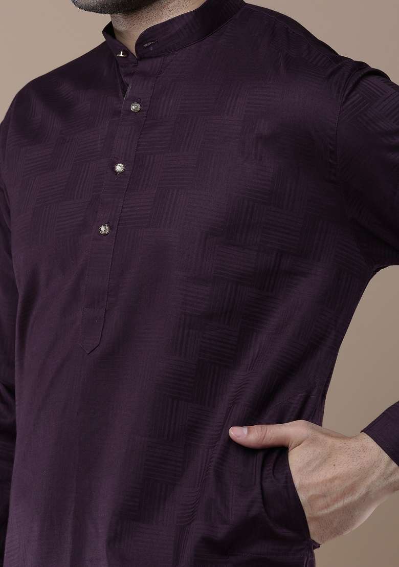 Purple Woven Cotton Blend Kurta Sets For Men - Indya