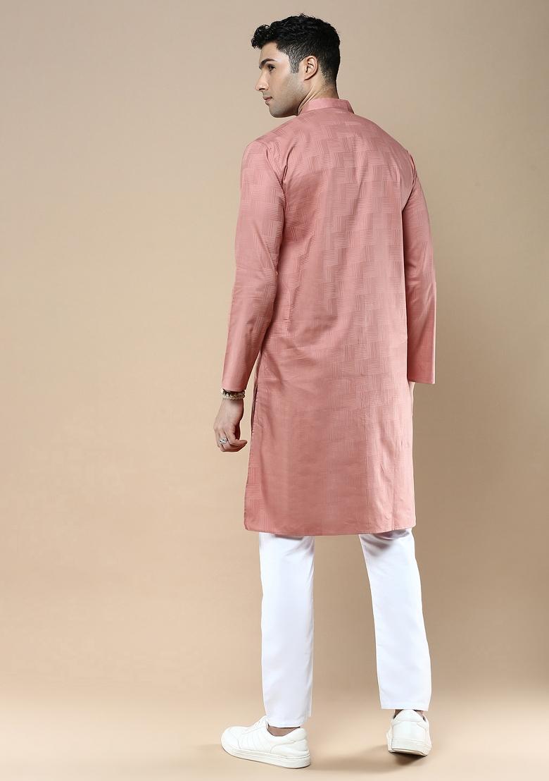 Red Woven Cotton Blend Kurta Sets For Men