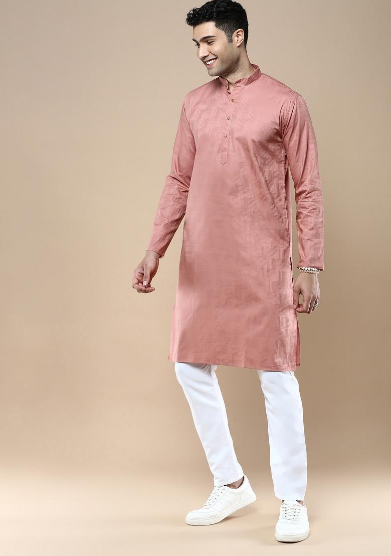 Red Woven Cotton Blend Kurta Sets For Men