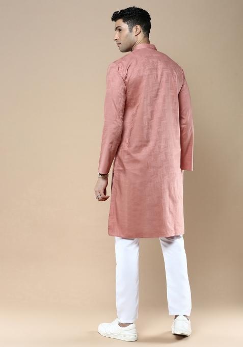 Red Woven Cotton Blend Kurta Sets For Men