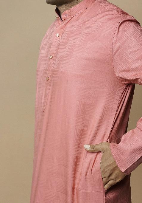 Red Woven Cotton Blend Kurta Sets For Men