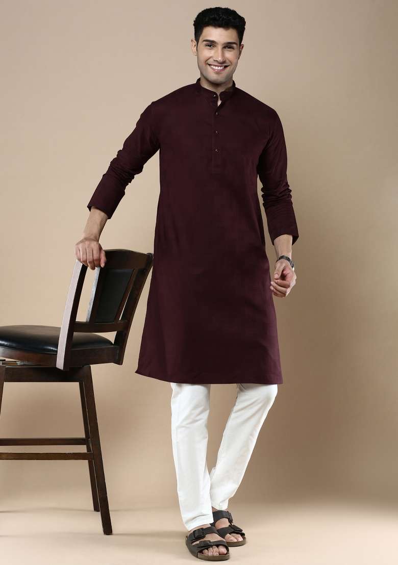 Purple Woven Cotton Blend Kurta Sets For Men - Indya