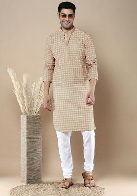 Beige Printed Cotton Kurta Sets For Men