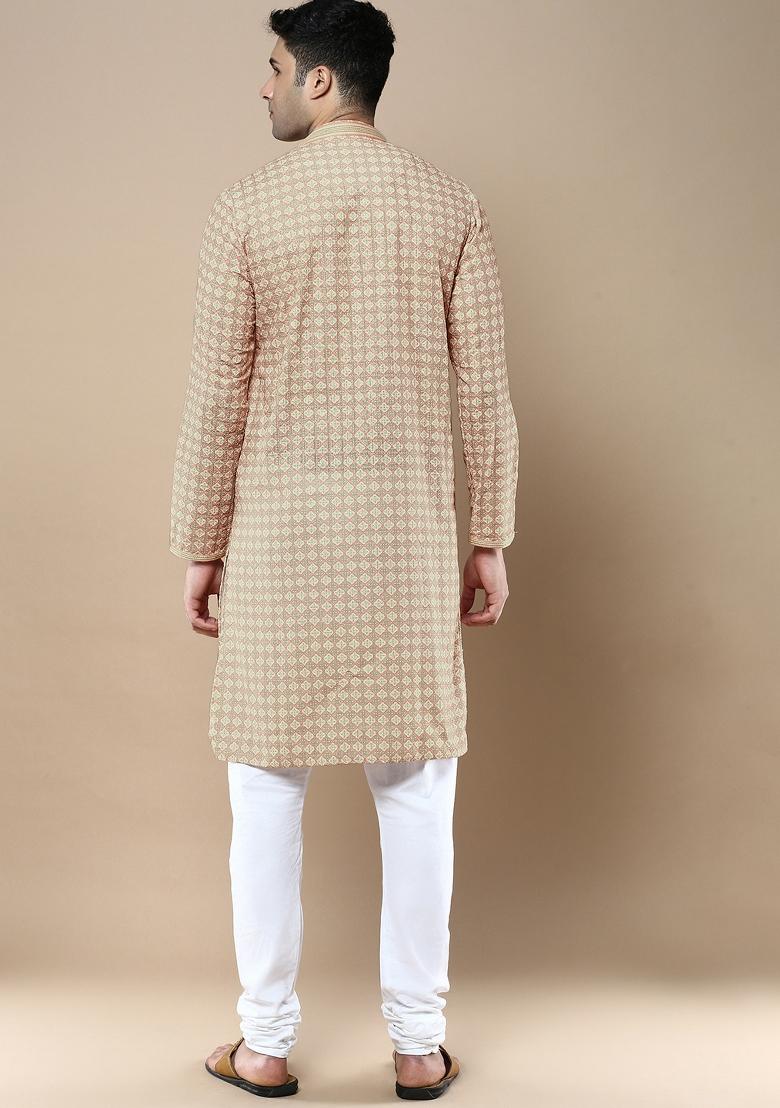 Beige Printed Cotton Kurta Sets For Men