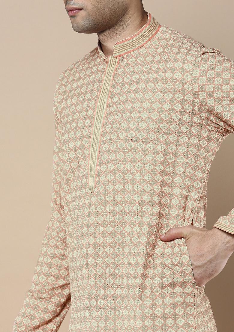Beige Printed Cotton Kurta Sets For Men