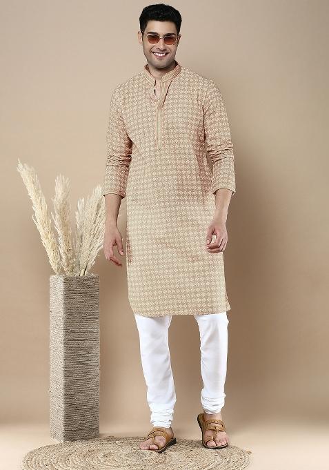 Beige Printed Cotton Kurta Sets For Men