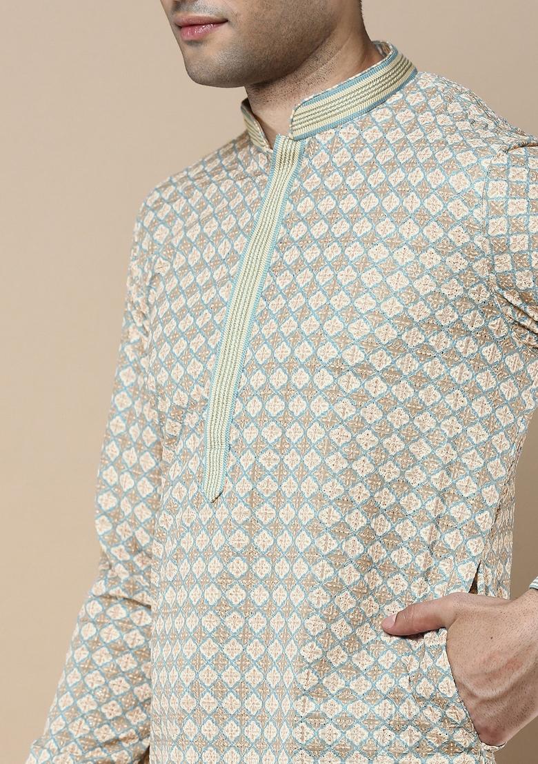 Brown Printed Cotton Kurta Sets For Men