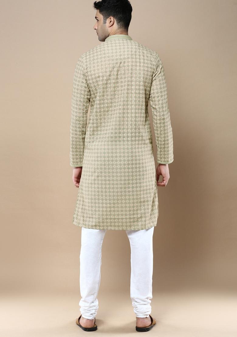 Green Printed Cotton Kurta Sets For Men