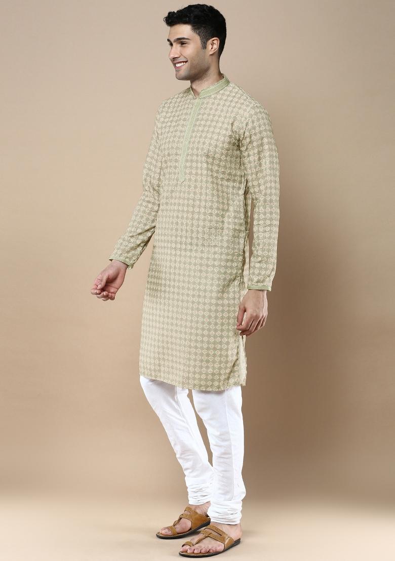 Green Printed Cotton Kurta Sets For Men