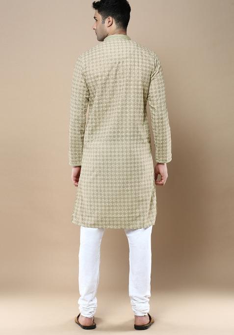 Green Printed Cotton Kurta Sets For Men