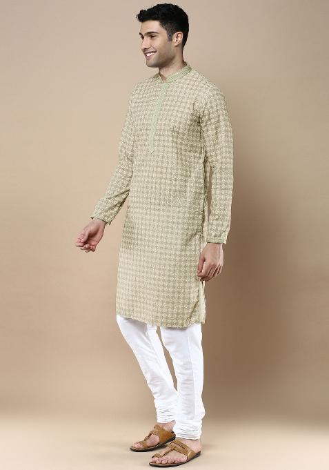 Green Printed Cotton Kurta Sets For Men