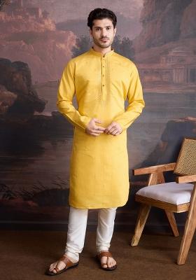 Mustard Yellow Woven Art Silk Kurta For Men