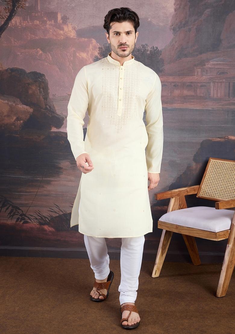 Cream Woven Art Silk Kurta For Men