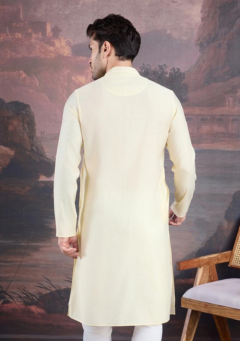 Cream Woven Art Silk Kurta For Men