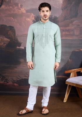 Light Green Woven Art Silk Kurta For Men