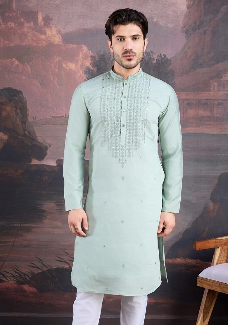 Light Green Woven Art Silk Kurta For Men