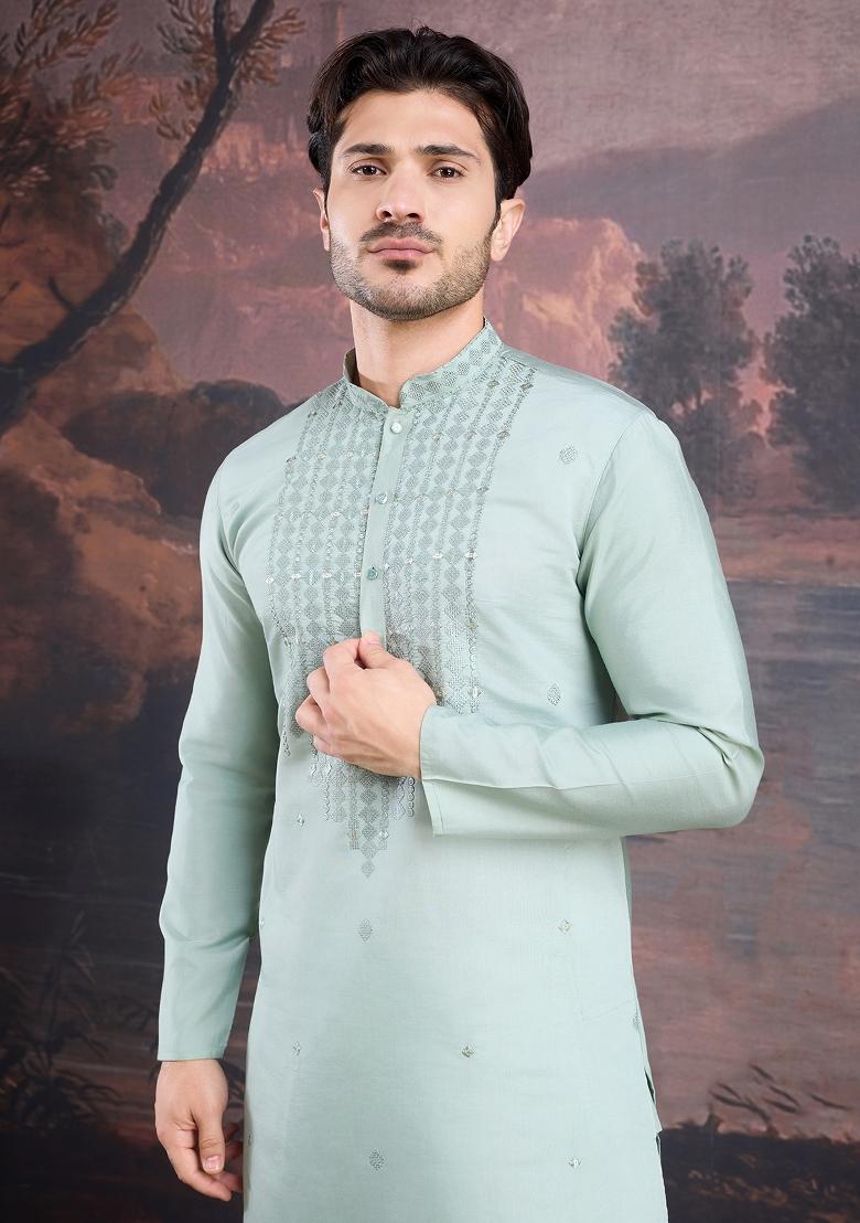 Light Green Woven Art Silk Kurta For Men