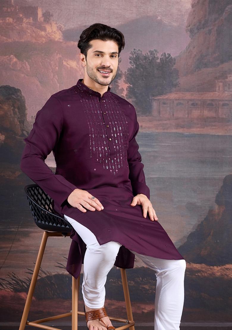 Purple Woven Art Silk Kurta For Men