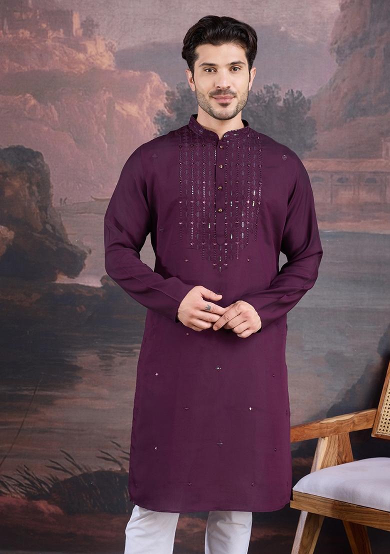 Purple Woven Art Silk Kurta For Men