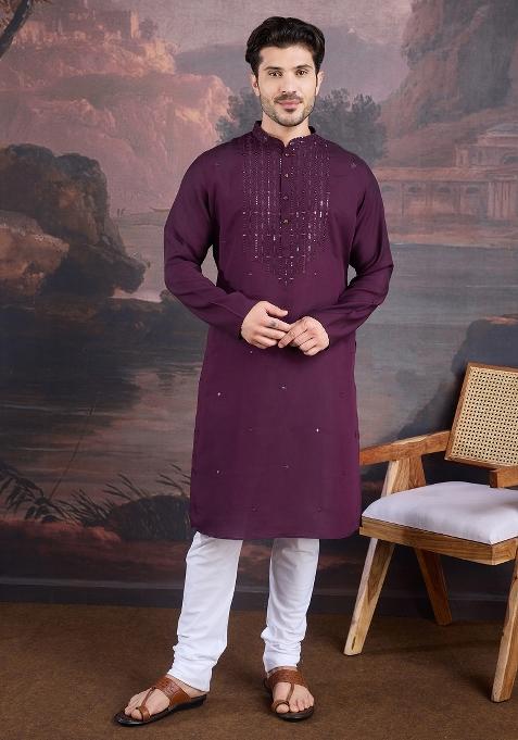 Purple Woven Art Silk Kurta For Men