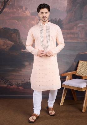 Peach Sequin Embroidered Art Silk Kurta For Men