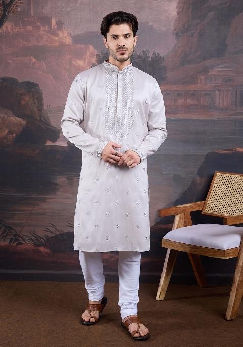 Grey Woven Art Silk Kurta For Men