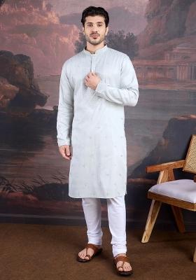 Grey Woven Art Silk Kurta For Men