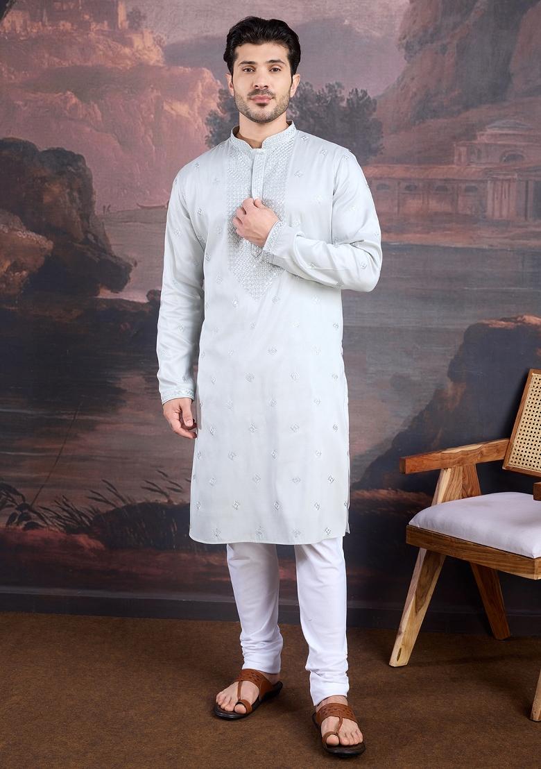Grey Woven Art Silk Kurta For Men