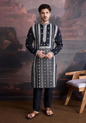 Black Sequin Embroidered Cotton Kurta For Men