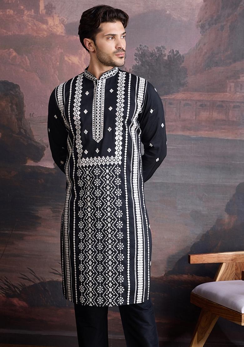 Black Sequin Embroidered Cotton Kurta For Men