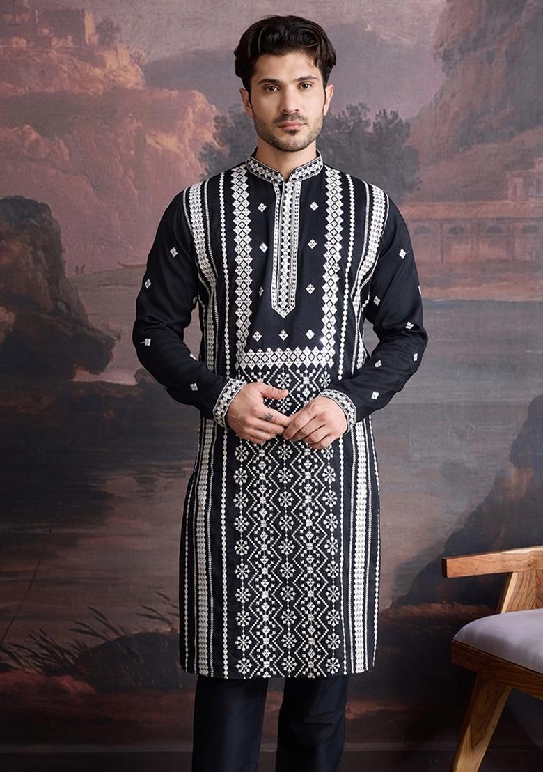 Black Sequin Embroidered Cotton Kurta For Men