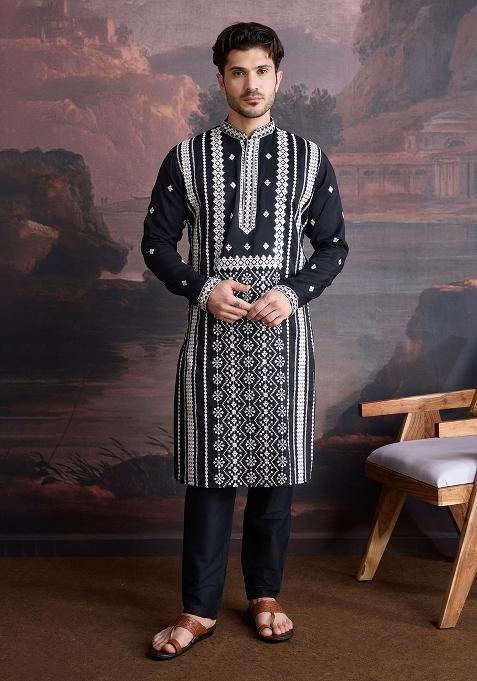 Black Sequin Embroidered Cotton Kurta For Men