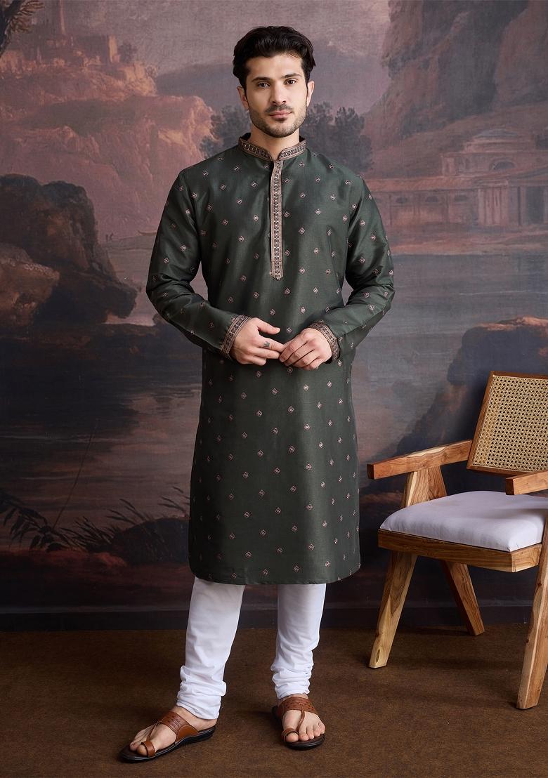 Deep Green Woven Art Silk Kurta For Men