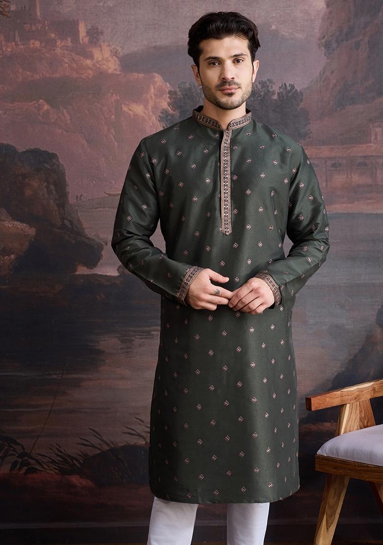 Deep Green Woven Art Silk Kurta For Men