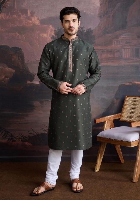 Deep Green Woven Art Silk Kurta For Men