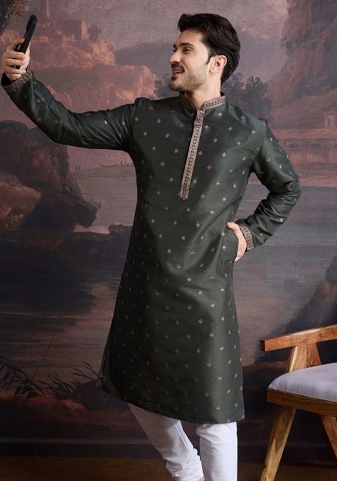 Deep Green Woven Art Silk Kurta For Men