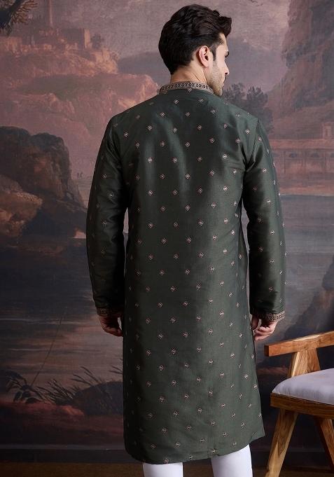 Deep Green Woven Art Silk Kurta For Men