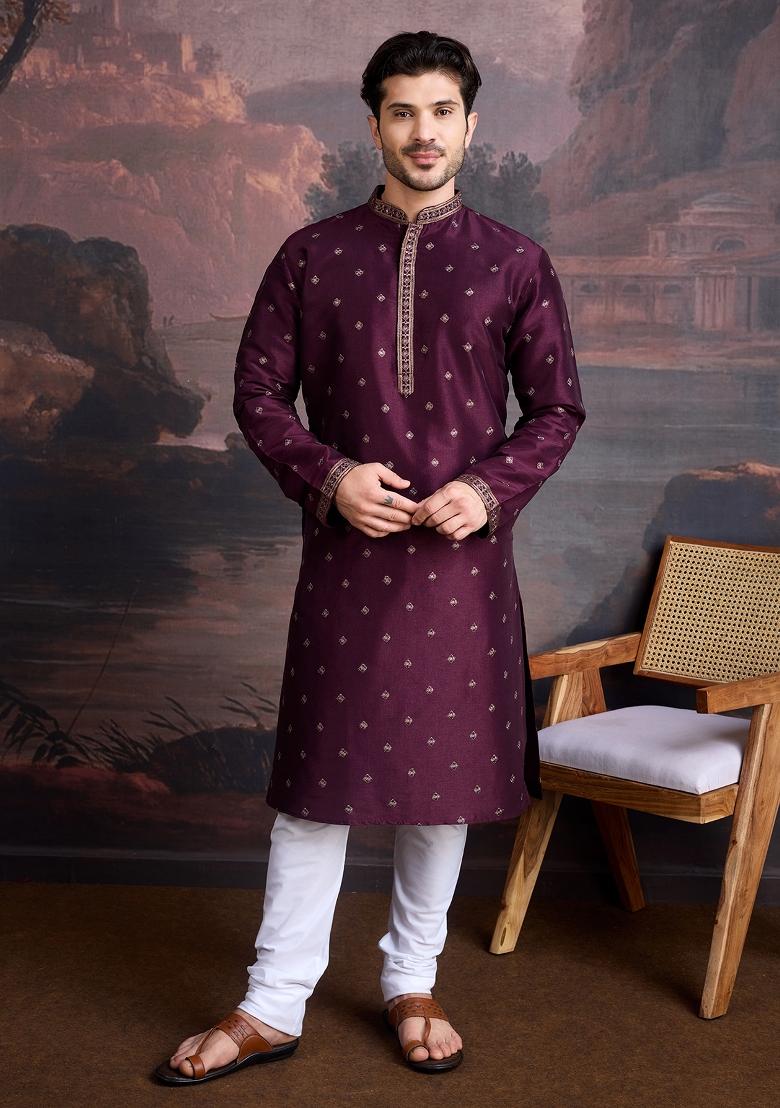 Purple Woven Art Silk Kurta For Men