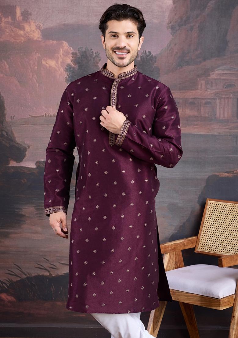 Purple Woven Art Silk Kurta For Men