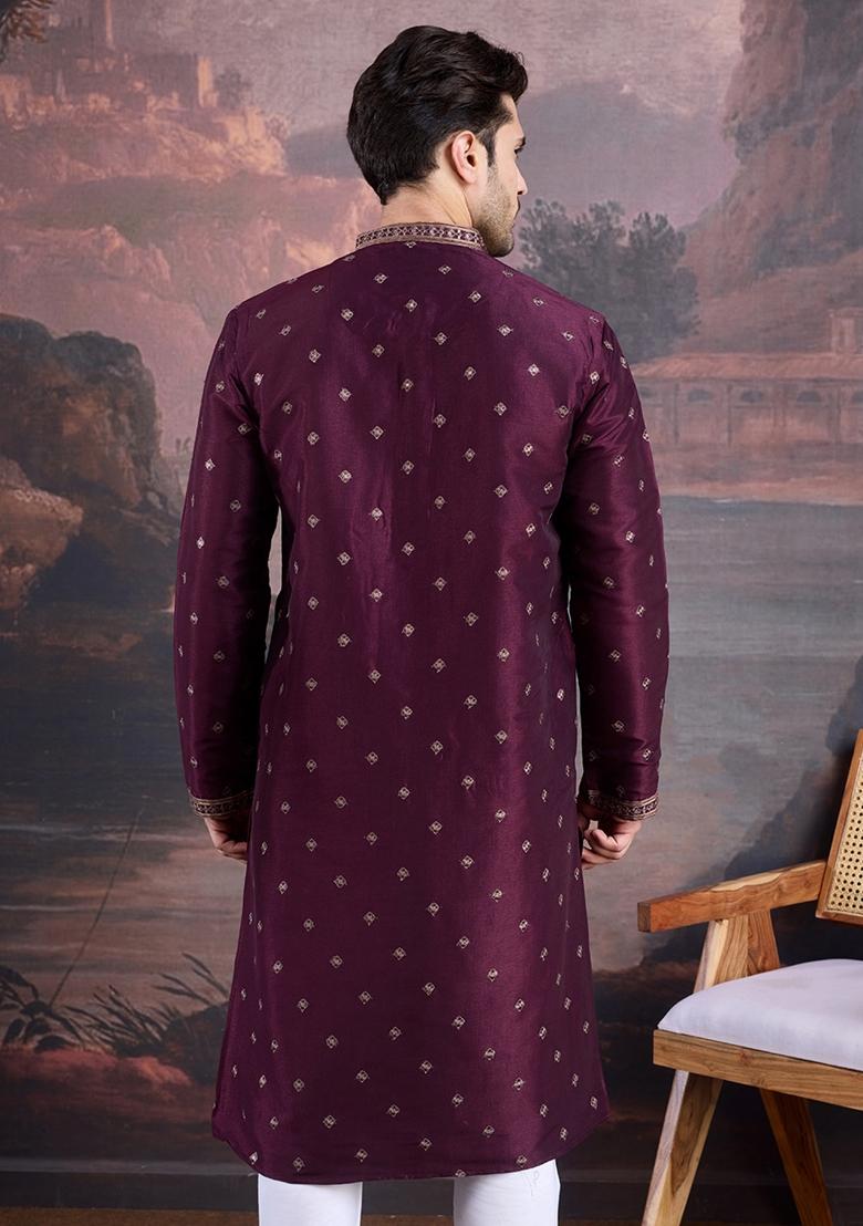 Purple Woven Art Silk Kurta For Men