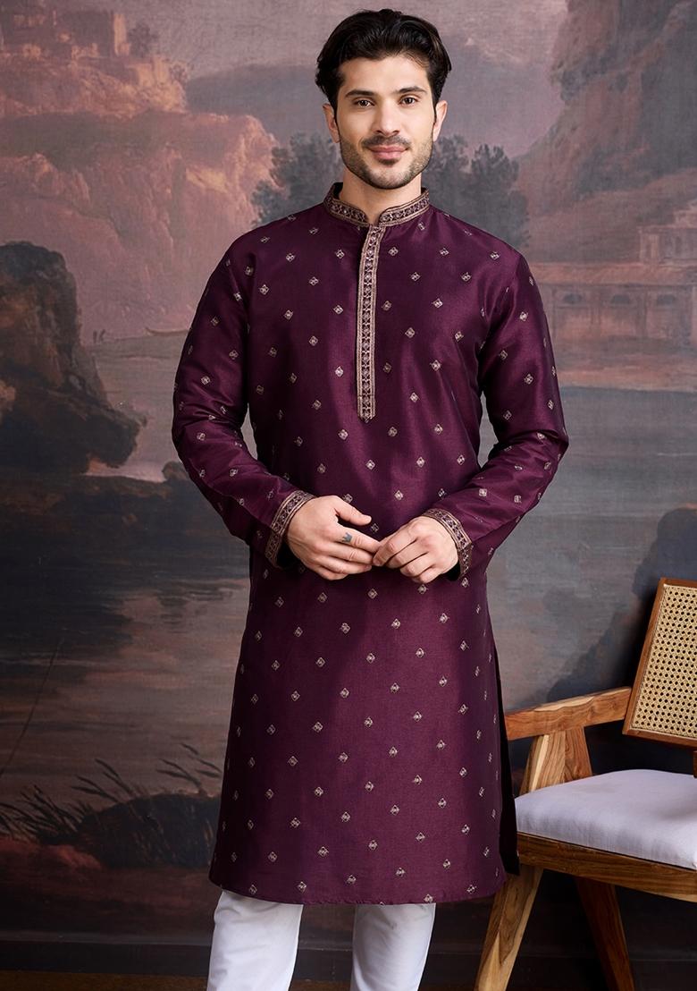 Purple Woven Art Silk Kurta For Men
