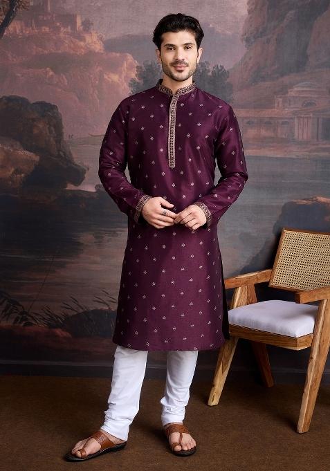 Purple Woven Art Silk Kurta For Men
