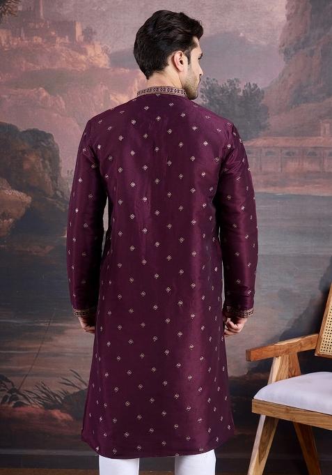 Purple Woven Art Silk Kurta For Men