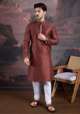 Maroon Woven Art Silk Kurta For Men