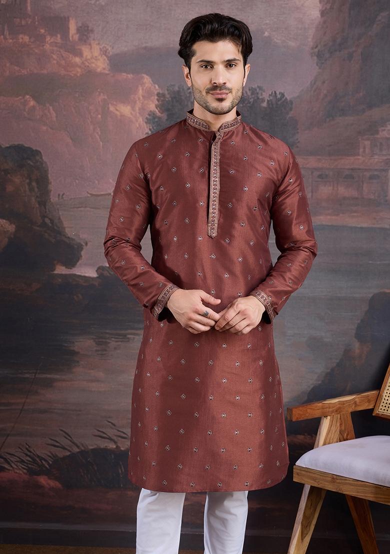 Maroon Woven Art Silk Kurta For Men