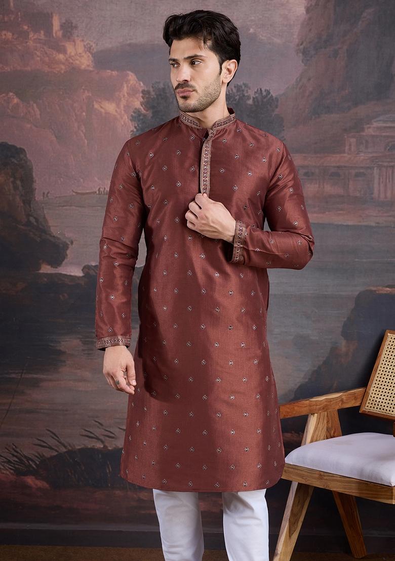 Maroon Woven Art Silk Kurta For Men