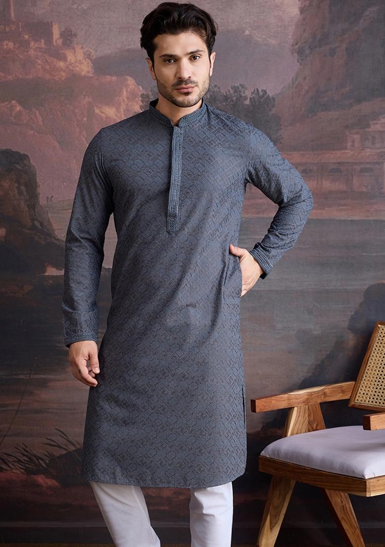 Grey Chikankari Cotton Kurta For Men