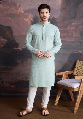 Kiwi Green Chikankari Cotton Kurta For Men