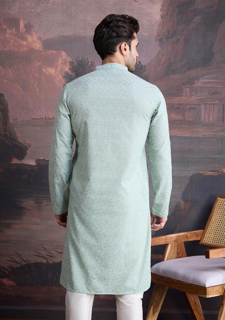 Kiwi Green Chikankari Cotton Kurta For Men