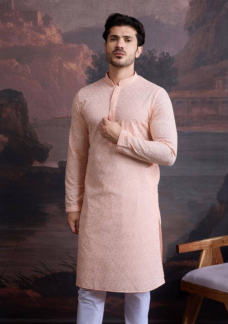 Light Pink Chikankari Cotton Kurta For Men